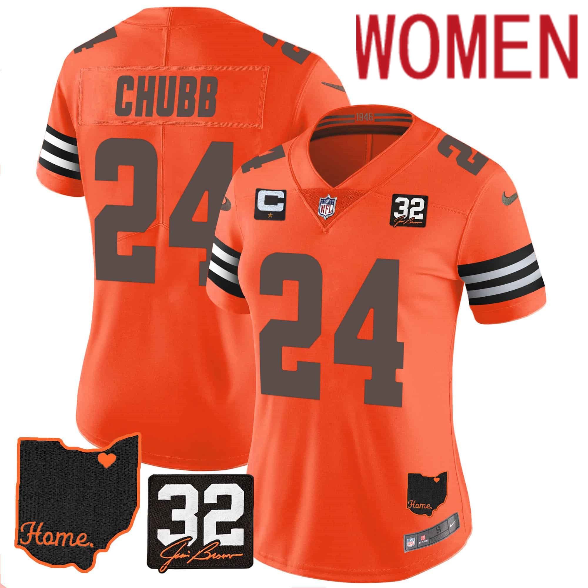 Women Cleveland Browns #24 Chubb Orange Memorial Home Patch 2024 Nike NFL Jersey